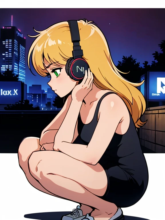 (masterpiece), (Highest quality, High resolution, Very detailed, figure), One girl, alone, city, Contemporary, Profile picture close-up, Blonde beige long hair, Green Eyes, Beautiful attention to detail, squat, Headphones, 8k, Trending on Art Station, Featured on pixiv