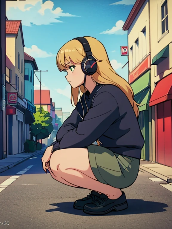 (masterpiece), (Highest quality, High resolution, Very detailed, figure), One girl, alone, city, Contemporary, Profile picture close-up, Blonde beige long hair, Green Eyes, Beautiful attention to detail, squat, Headphones, 8k, Trending on Art Station, Featured on pixiv