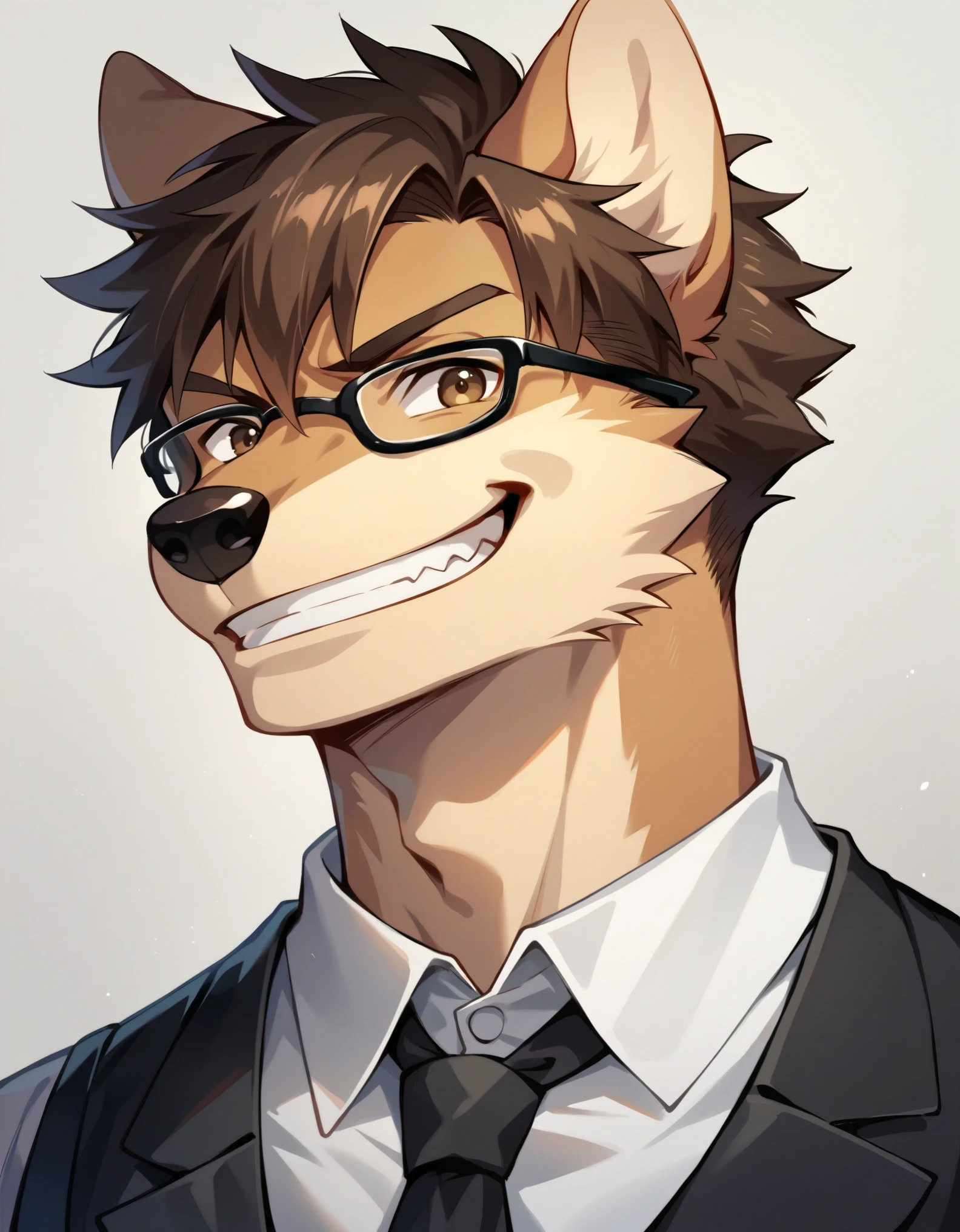 score_9,score_8_up,score_7_up, source_anime,  an Anthro furry male wolf, adult male, handsome, skinny, brown eyes, snout, black nose, shaggy short brown hair, black glasses, wearing white button up shirt, black vest, black tie, upper body shot, big smile, grin,  