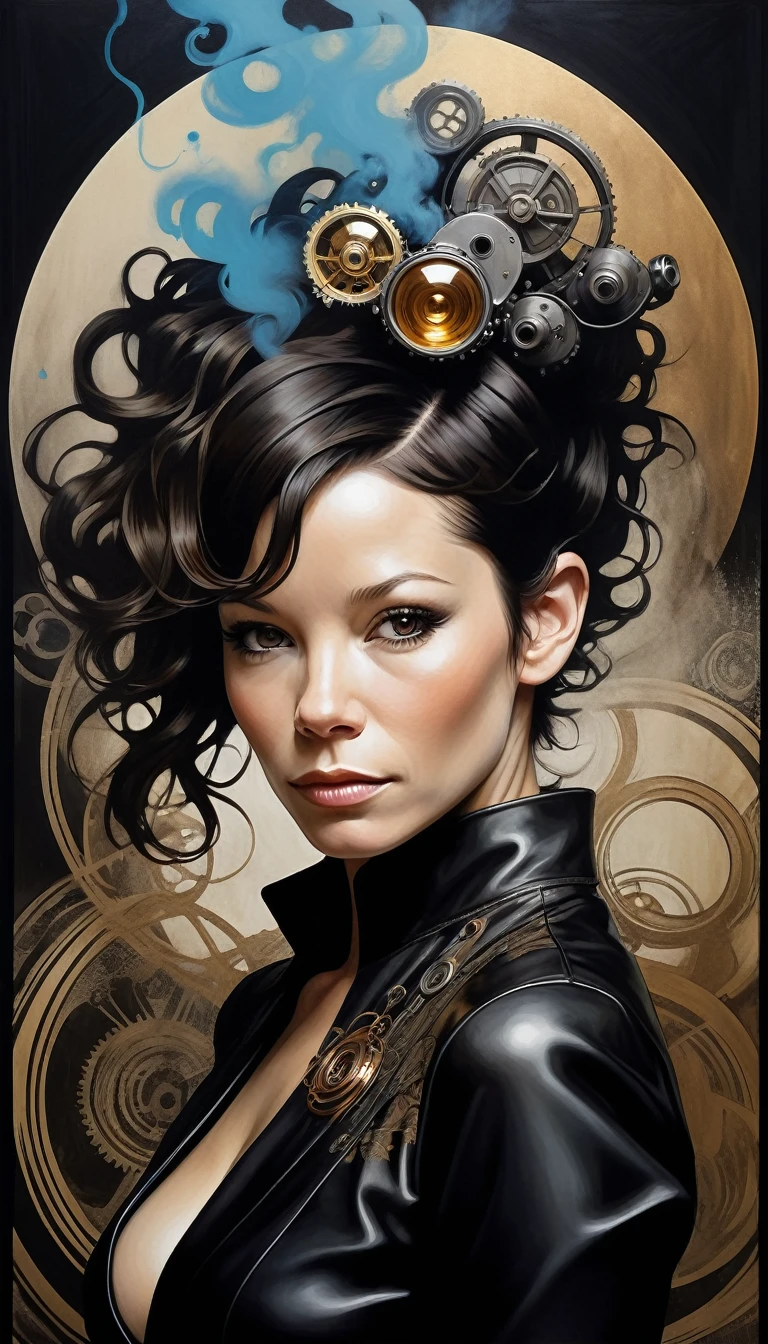 (Evangeline Lilly) is a beautiful charming woman carved out of dark smoke, dressed as a Steampunk girl in black, circular colored smoke, waves of shadows at night, abstract skull ornaments, pixie back fade haircut, soft colors, flat 4d street art in the style of adrian ghenie, esao andrews, jenny saville , edward hopper, surrealism, james jean dark, takato yamamoto, inkpunk minimalism, , detailed symmetrical brown eyes with circular iris, seamless geometric pattern harmony, luminogram, iron gall ink, art by Russ Mills, Sakimichan,, by GIlSam -paio octane rendering depicting innovation and truth, 8k, by Lee Jeffries, depth - Gs studio