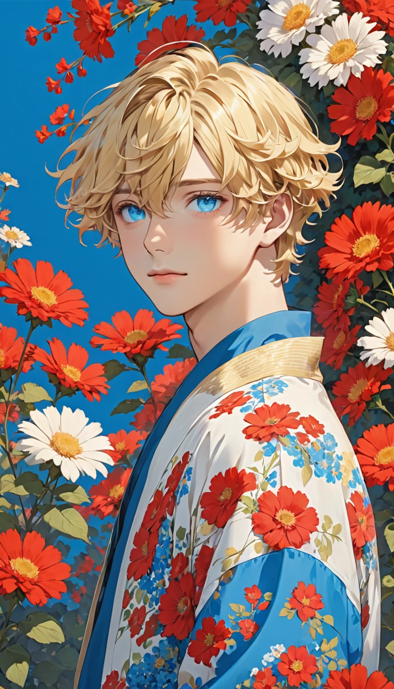 1Boy ,wearing , blue eyes, blonde hair, and red flowers and short wavy hair,HoloDayo XL