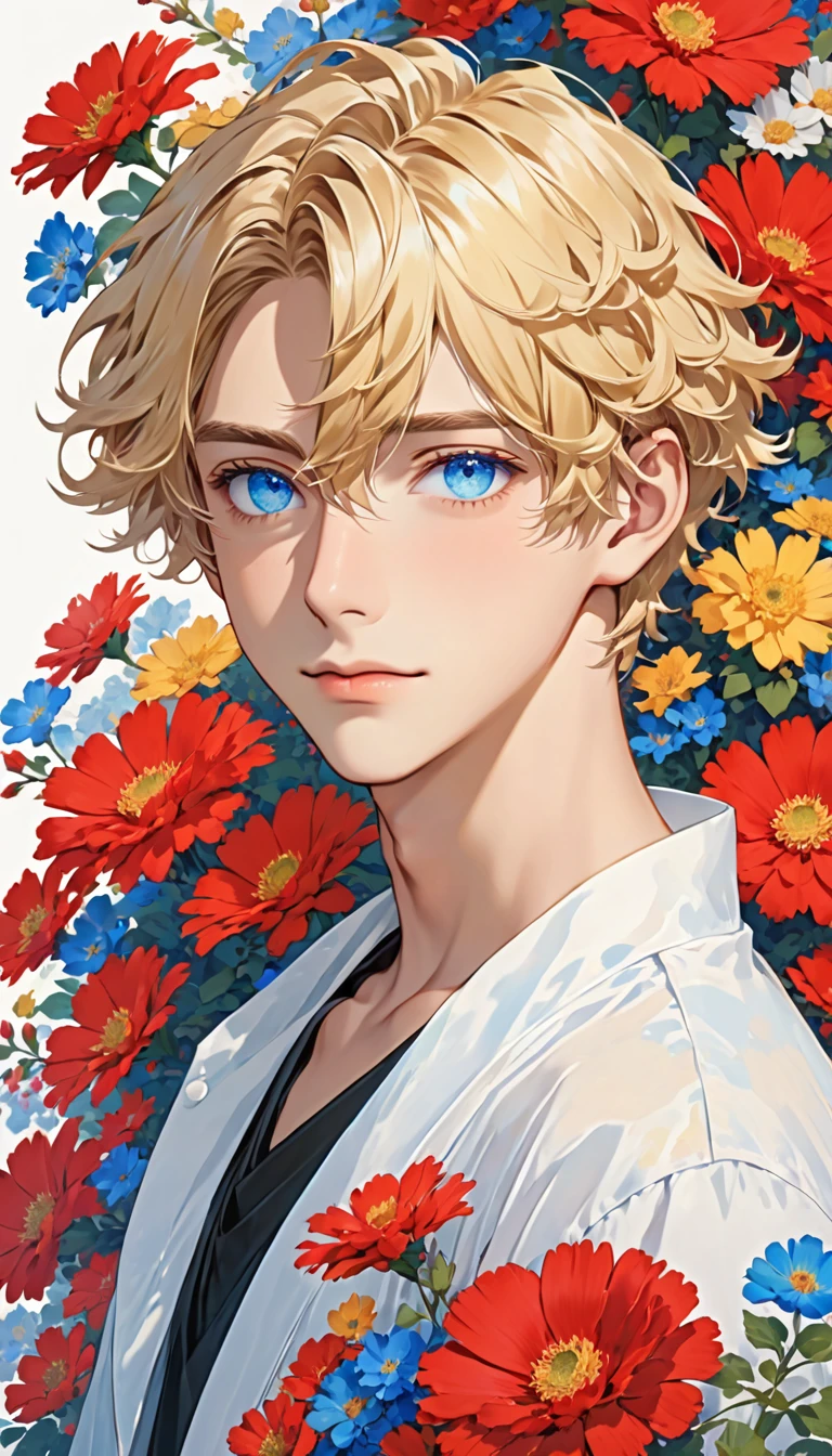 1Boy ,wearing , blue eyes, blonde hair, and red flowers and short wavy hair,HoloDayo XL