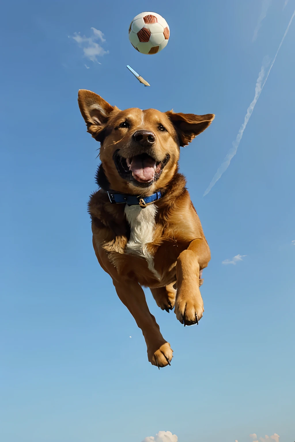 A DOG KICKING A FOOTBALL IN THE AIR BLUE SKY