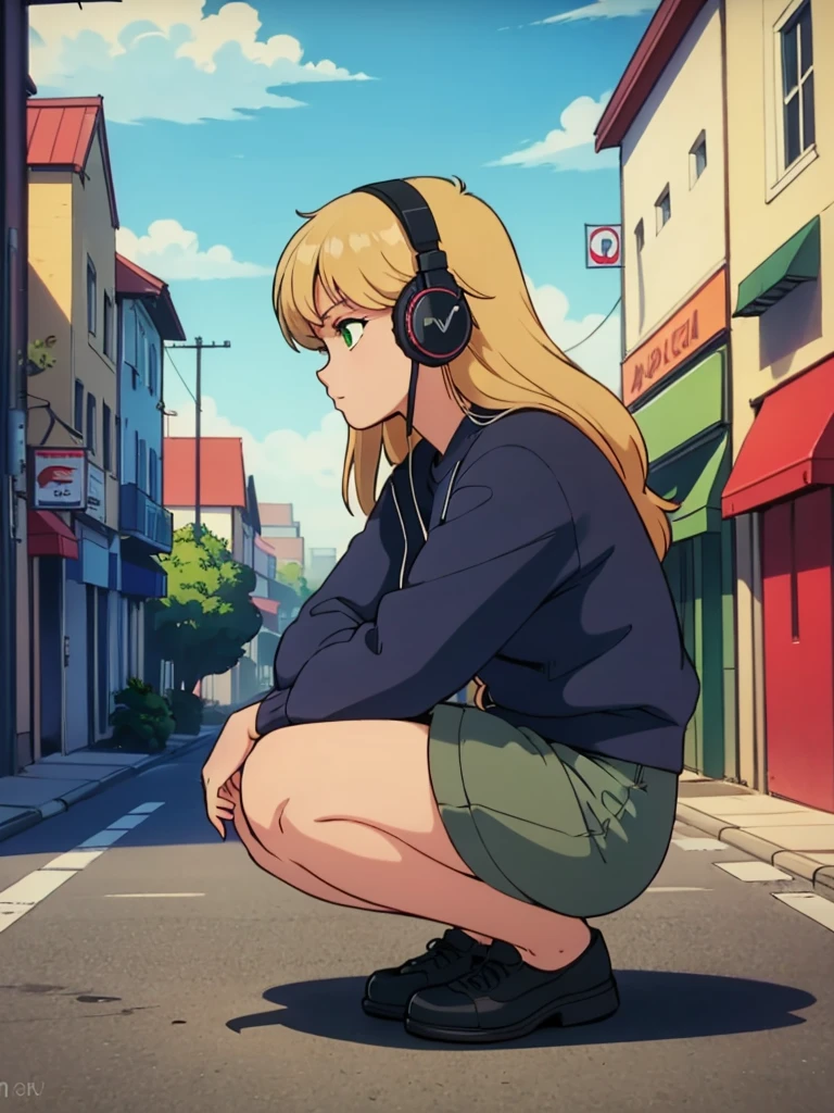 (masterpiece), (Highest quality, High resolution, Very detailed, figure), One girl, alone, city, Contemporary, Profile picture close-up, Blonde beige long hair, Green Eyes, Beautiful attention to detail, squat, Headphones, 8k, Trending on Art Station, Featured on pixiv