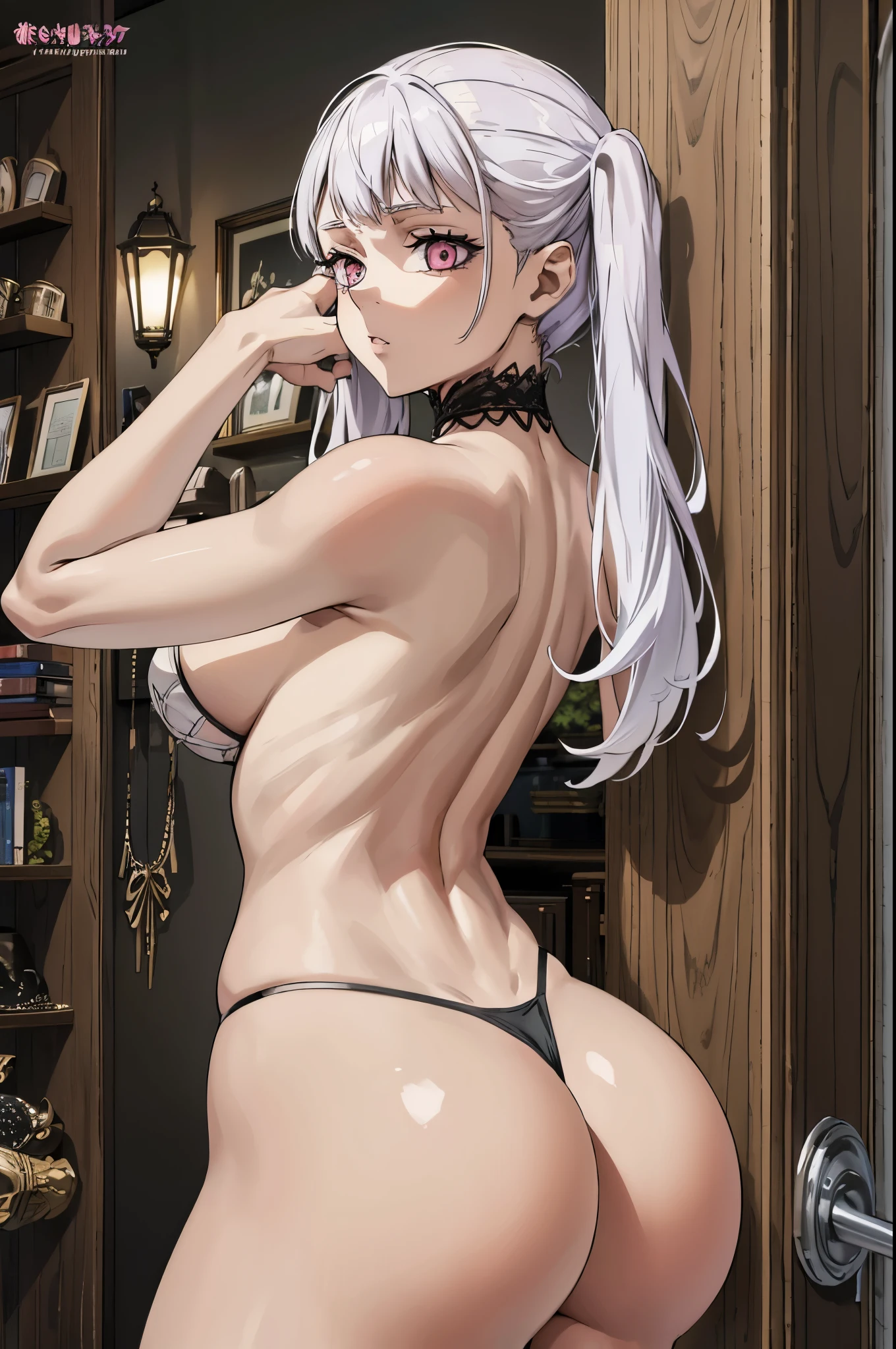 sexy girl, no clothes, girl from the back, black panties, big ass, white background, pink eyes, white hair, white pigtail hair