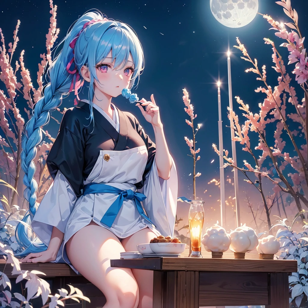 Sky blue hair, (Braided Ponytail:1.2), Pink eyes,Fair skin ,(whole body),(One Girl),Tsukimi,(White sweet dumplings ),White round dumplings,Japanese pampas grass,(beautiful, Full moon shining in the night sky),(masterpiece, Highest quality, Very detailed, Best Shadow), (Detailed Background), (Beautifully detailed face), High Contrast, (Best lighting, Very delicate and beautiful), ((Cinematic Light)), colorful, Hyper Detail,8k, Dramatic Light, Intricate details,Sit and eat dumplings while watching the moon,(Shadow of a rabbit on the moon),mysterious