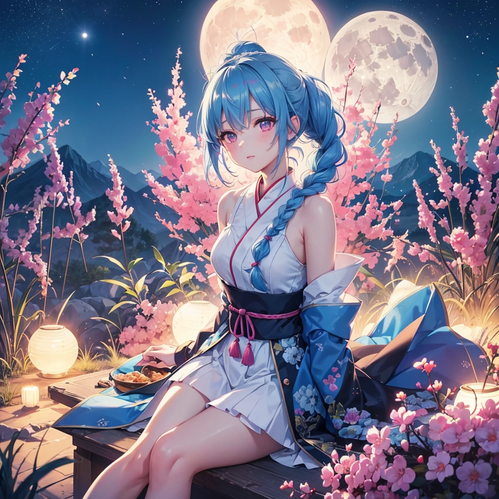 Sky blue hair, (Braided Ponytail:1.2), Pink eyes,Fair skin ,(whole body),(One Girl),Tsukimi,(White sweet dumplings ),White round dumplings,Japanese pampas grass,(beautiful, Full moon shining in the night sky),(masterpiece, Highest quality, Very detailed, Best Shadow), (Detailed Background), (Beautifully detailed face), High Contrast, (Best lighting, Very delicate and beautiful), ((Cinematic Light)), colorful, Hyper Detail,8k, Dramatic Light, Intricate details,Sit and eat dumplings while watching the moon,(Shadow of a rabbit on the moon),mysterious