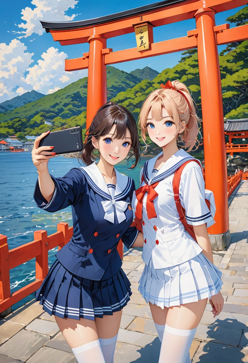 Highest quality、High resolution、Detailed Background、(Beautiful face in every detail:1.4)、Normal number of fingers、Highly detailed face、Detailed eyes、Teenage beauty、Huge breasts、Perfect body line、Light color hair、Bobcut、ponytail、Wavy Hairstyle、well-groomed eyebrows、Navy blue sailor suit、White sailor collar、Navy blue pleated skirt、White Stockings、School trip、A big smile、A playful smile、Itsukushima shrine、
(Three girls taking a selfie with a famous spot in the background:1.5)、
Itsukushima shrineは広島県廿日市市の宮島にある世界遺産の神社です、The large vermilion torii gate floating on the sea is a symbolic sight.「Three Views of Japan」It is counted as one of the、cute