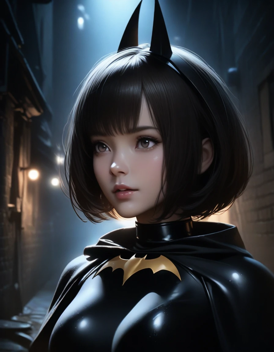 Character: beautiful, gorgeous, 1girl, African american girl with short bob cut weave, wearing tight black batman costume, holding batman helmet.
Background/scene: night time, dark alley, bloom lighting
Setting: realistic, 4k, dreamy,