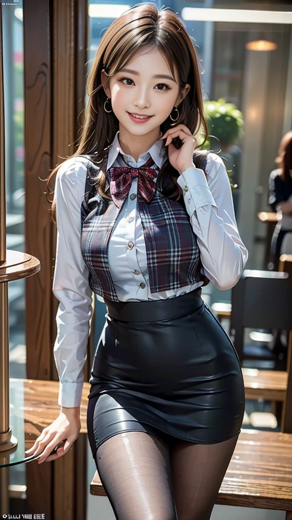 (Best Quality, Masterpiece),Wearing a pink plaid vest, White short sleeved shirt, Gray pencil skirt, Wear stiletto heels, Necklace, earrings, Cute face, Smile, Blushing, Shyness, Glass wall, Ultra Detail, Realistic, Front view, Whole body, stunning, cute, warm smile, hourglass figure, apron, text, chart, advertising, magazine title(Best Quality, Masterpiece), Mag((((1ladyl,)))) (masterpiece), (realistic), (best quality), (ultra-detailed), (wearing in [[white and gray check pattern]] Vest worn over white collared long-sleeved shirt:1.4), (gray vest with buttons:1.2), (Pink Theme:1.2), (blue ribbon ribbon:1.3), (Black theme:1.4), (Tight black pencil skirt:1.5), ((Brown pantyhose)), (high-heels:1.1),longskirt,office desk, office chair,Lulubre Unity 8K Wallpaper, pantyshot, long brown hair, office lady Magazine Cover, 1girl,  amazing, girl, 30 years old, house wiife, warm smile, hourglass figure, text, chart, advertising, magazine title