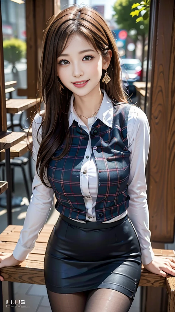 (Best Quality, Masterpiece),Wearing a pink plaid vest, White short sleeved shirt, Gray pencil skirt, Wear stiletto heels, Necklace, earrings, Cute face, Smile, Blushing, Shyness, Glass wall, Ultra Detail, Realistic, Front view, Whole body, stunning, cute, warm smile, hourglass figure, apron, text, chart, advertising, magazine title(Best Quality, Masterpiece), Mag((((1ladyl,)))) (masterpiece), (realistic), (best quality), (ultra-detailed), (wearing in [[white and gray check pattern]] Vest worn over white collared long-sleeved shirt:1.4), (gray vest with buttons:1.2), (Pink Theme:1.2), (blue ribbon ribbon:1.3), (Black theme:1.4), (Tight black pencil skirt:1.5), ((Brown pantyhose)), (high-heels:1.1),longskirt,office desk, office chair,Lulubre Unity 8K Wallpaper, pantyshot, long brown hair, office lady Magazine Cover, 1girl,  amazing, girl, 30 years old, house wiife, warm smile, hourglass figure, text, chart, advertising, magazine title