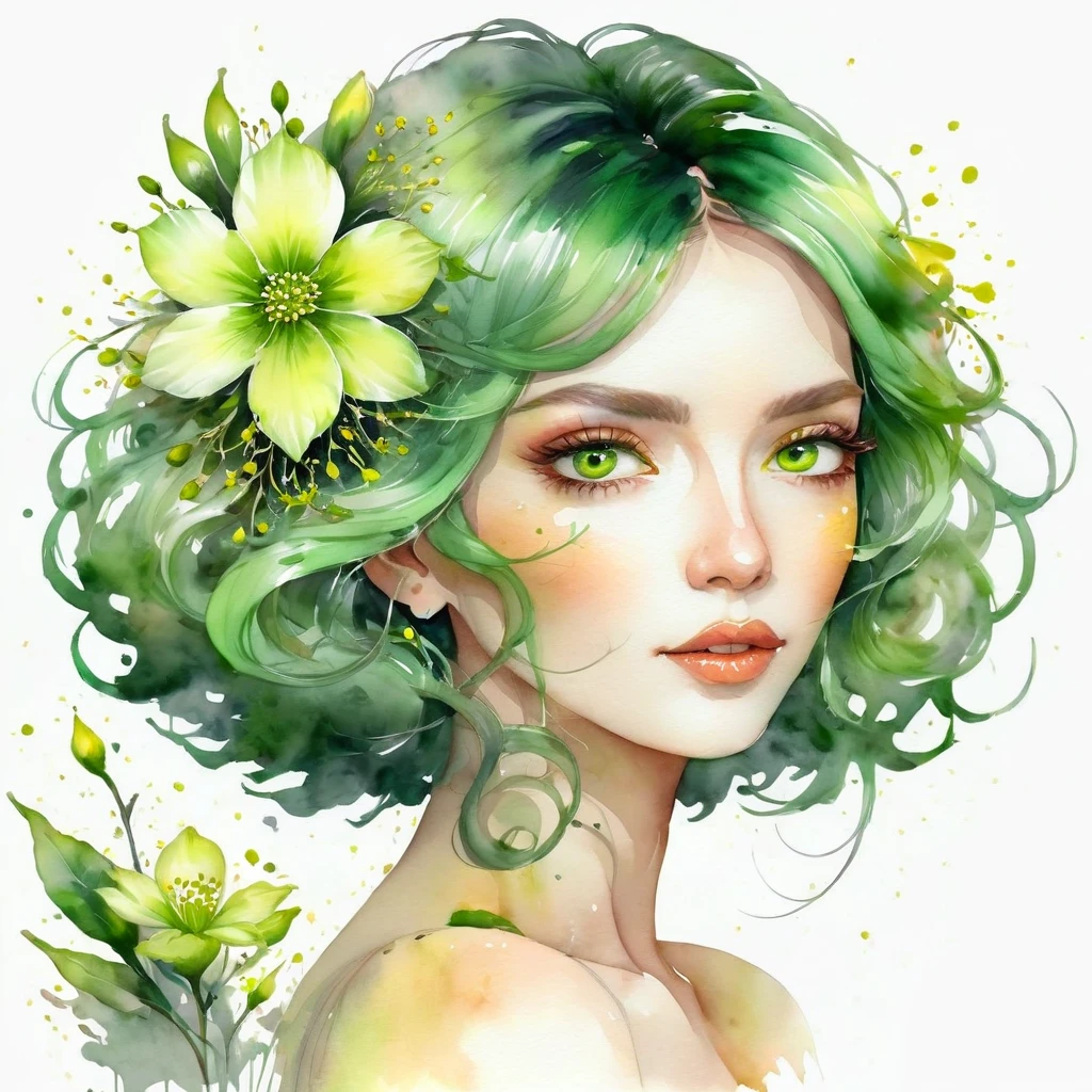 Painting of a woman with blossom flower light green, dark green and light yellow in her hair, {{green hair}}, dark freen eyes watercolor detailed art, digital watercolor painting, watercolor illustration, watercolor illustration style, Watercolor painting, water color art, digital watercolor, digital watercolor, Mulher nas blossom flower light green, dark green and light yellow watercolor style, Artestyle Watercolor, beautiful artwork, Watercolor drawing, watercolor painting style, water painting art, exquisite digital illustration, watercolor effect, expressive feminine face