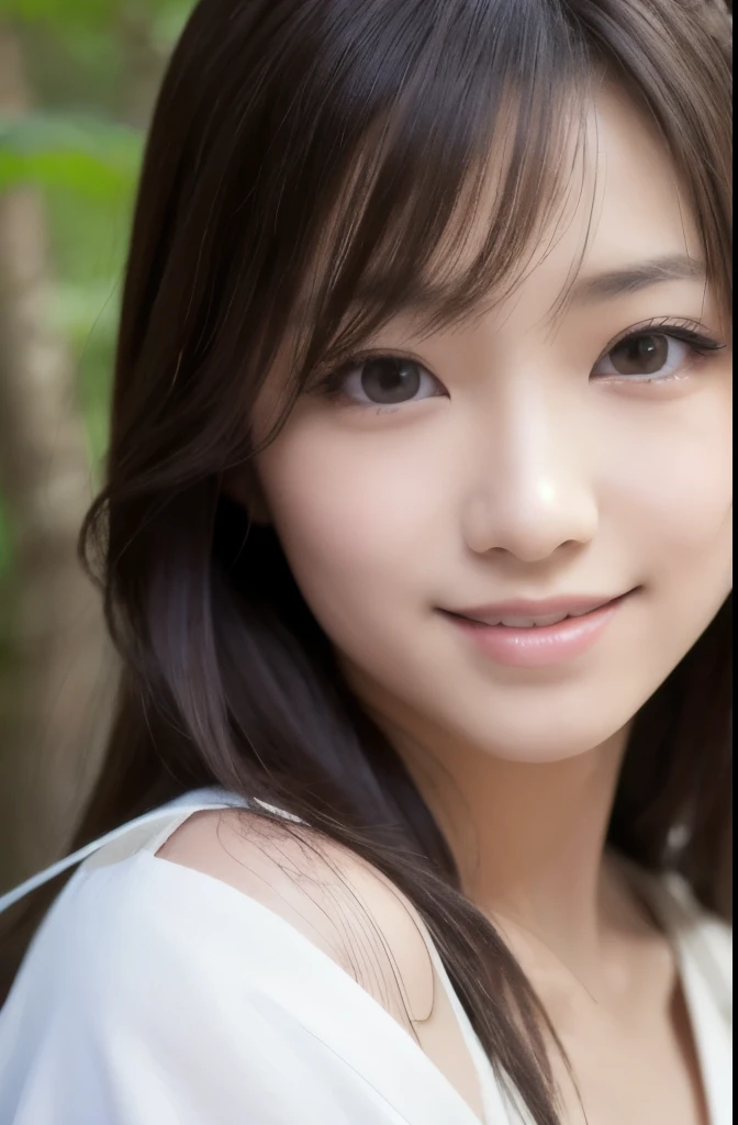 best quality, face focus, soft light, ultra high res, (photorealistic:1.4), RAW photo,(Shinozaki Ai), white skin, kawaii,
1 Japanese girl, solo, cute, (smile), (pupil, lights in the eyes), detailed beautiful face, Medium-sized breasts,(high resolution detail of human skin texture),(long hair),(portrait), upper body, white traditional kimono, in the forest,