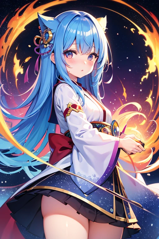 Japanese girl,, in the sky, colorful and bright, mystical colors, iridescent painting, cute face, wide swirling composition, big beautiful crystal eyes, big iris, colored hair, blush, looking ahead at viewer