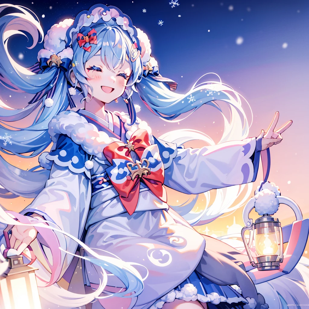yukimiku2023, smiling, closed eyes, smiling_eyes, winter, floating, town square background, snowy, close up of face, beautiful lighting, depth of field, 8k wallpaper, sunset, holding a lantern