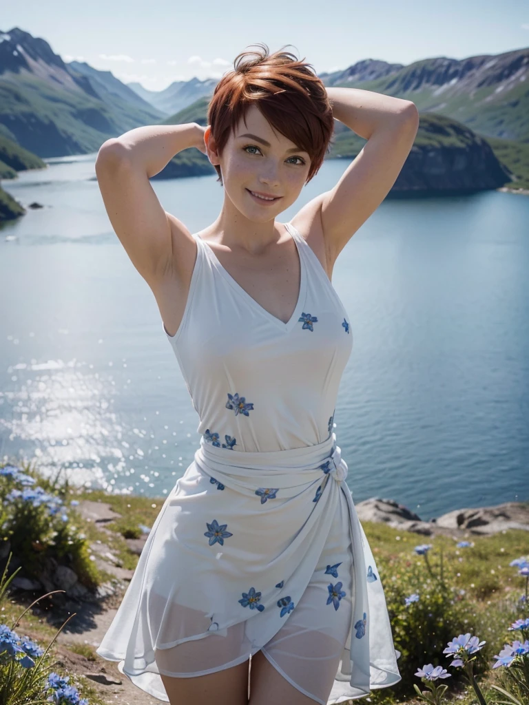 slim feminine figure, redhead, freckles, best quality, realistic skin texture, photography, detailed facial features, film grain texture and high contrast, extremely high-resolution details, photographic, photorealistic, hyper-realistic, HDR, masterpiece, ((short pixie hair)), a white flowy summer dress ((with lots of blue flower prints and a v-neck)), standing on view point in the Norwegian mountains with a magnificent view, exhausted and tired from walking but very happy, smiling, arms out in the air, celebrating, ((very perky and (((firm))) round medium breasts)), ((thin waist)), (((wide hips)))