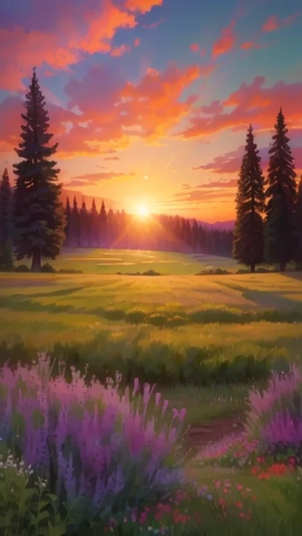 a painting of a field with flowers and trees in the background, the bright dawn in the meadow, beautiful and hot scene, a beautiful landscape, beautiful landscape, really beautiful nature, beautiful nature, foto muito bonita, the most beautiful landscape, blissful landscape, heavenly landscape, beautiful scenery, Beauty of the Natural Landscape, peaceful landscape, beautifully lit landscape, floral sunset, Colorful Scenic Environment