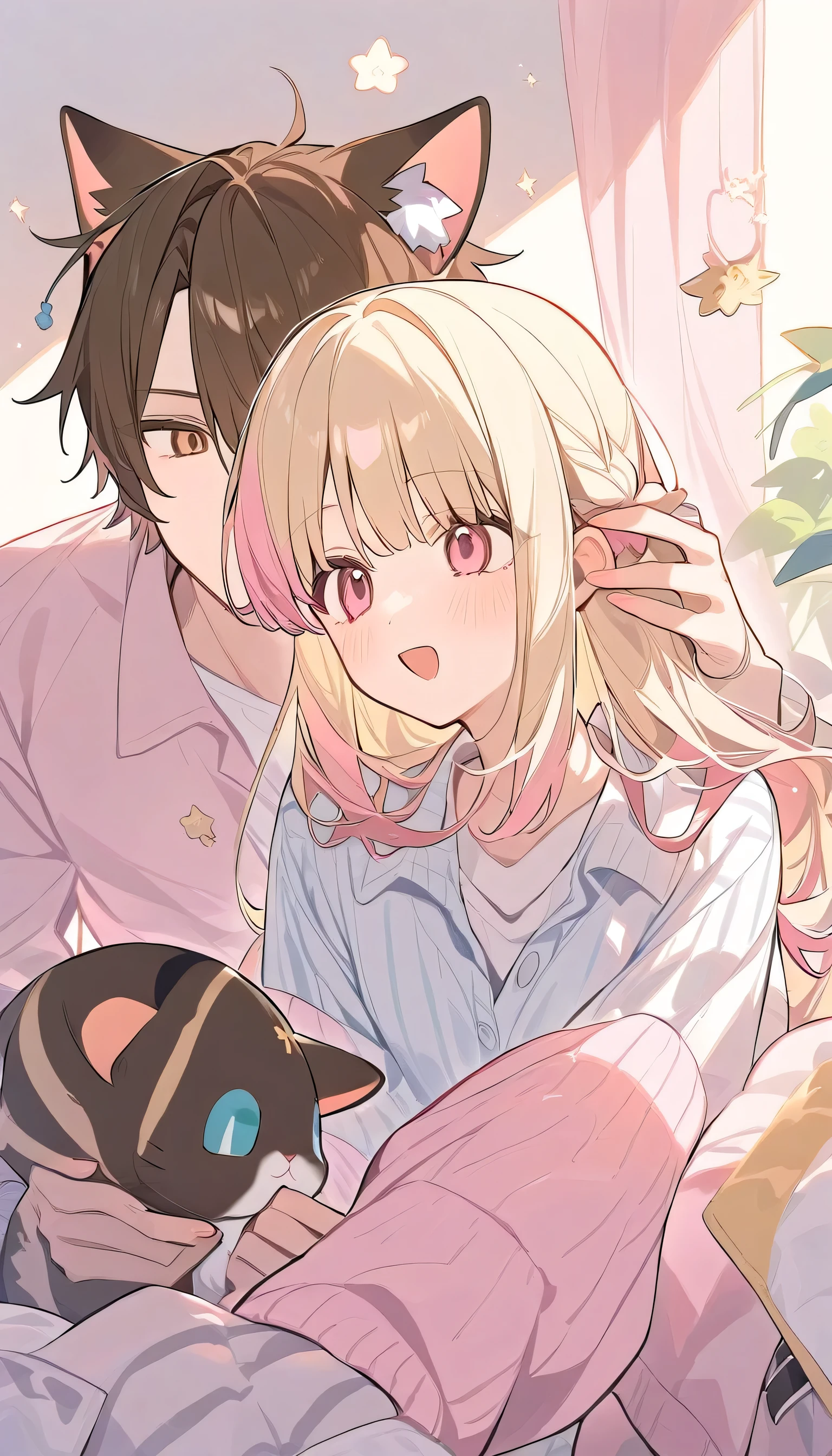 Popular Girl, Blonde, Pastel pink color. And a cunning cat boy with long brown hair.
