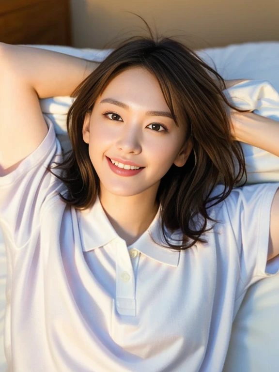 (Masterpiece, Best quality: 1.4), (Ultra realistic, Photo-realistic: 1.2), (From above: 1.2), Full body, Lying on bed, Looking at viewer, Natural light, 30 years old actress, Japanese women, (arms up: 1.2), Neat and clean, ((Wearing white tennis uniform, White polo shirt with collar, Not buttoning the polo shirt, White pleated tennis skirt: 1.2)), (Short wavy hair), ponytail, Light brown hair color, (Beautiful Face), Oval face, clear, (Beautiful eyes, Kind eyes), (Clear skin), Small face, (Small mouth, Beautiful mouth), Natural makeup, Approachable, Hotel Suite rooms, On bed, Seductive smile, Seductive pose, Beautiful thighs, Bedroom eyes, spread legs,