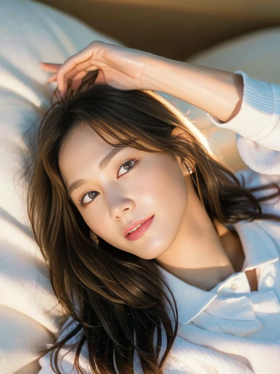 (Masterpiece, Best quality: 1.4), (Ultra realistic, Photo-realistic: 1.2), (From above: 1.2), Full body, Lying on bed, Looking at viewer, Natural light, 30 years old actress, Japanese women, (arms up: 1.2), Neat and clean, ((Wearing white tennis uniform, White polo shirt with collar, Not buttoning the polo shirt, White pleated tennis skirt: 1.2)), (Short wavy hair), ponytail, Light brown hair color, (Beautiful Face), Oval face, clear, (Beautiful eyes, Kind eyes), (Clear skin), Small face, (Small mouth, Beautiful mouth), Natural makeup, Approachable, Hotel Suite rooms, On bed, Seductive smile, Seductive pose, Beautiful thighs, Bedroom eyes, spread legs,