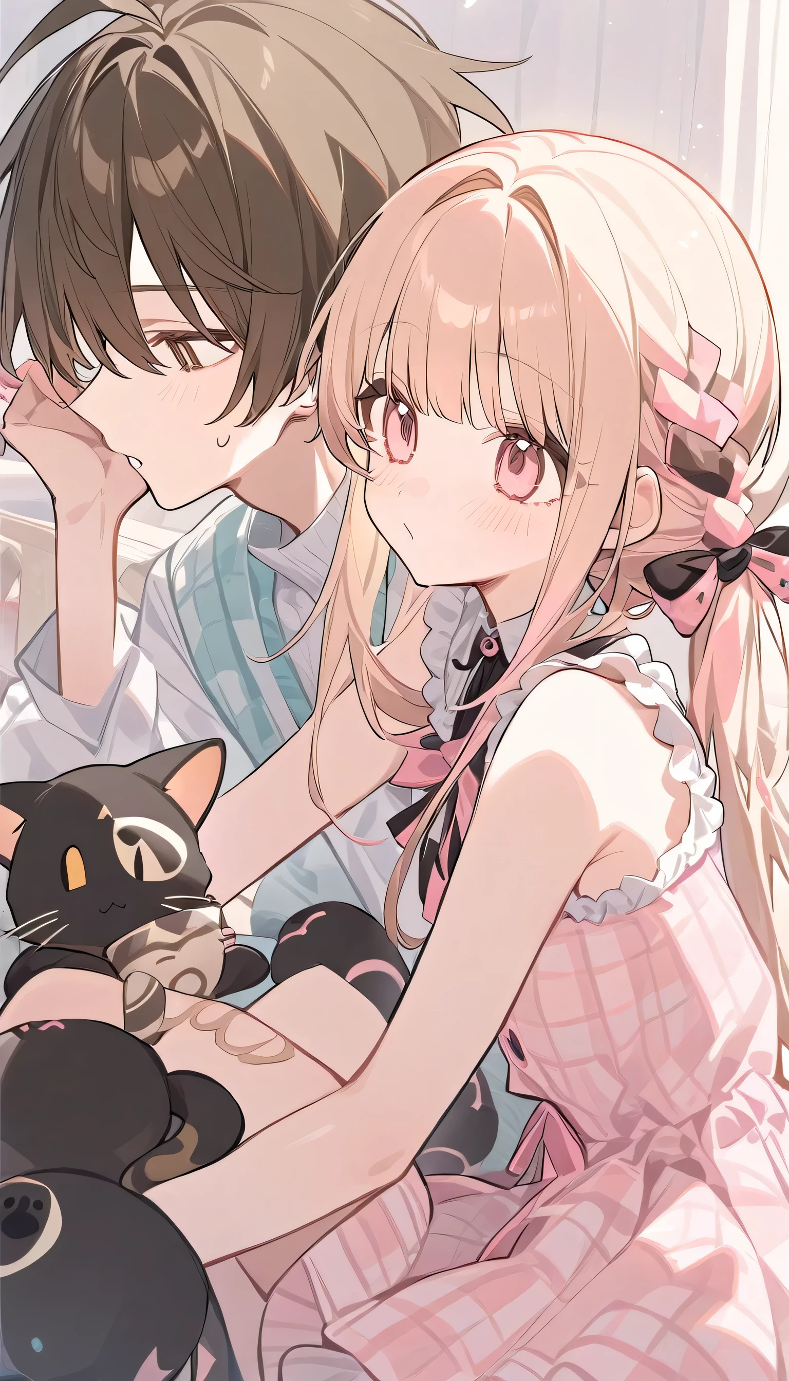 Popular Girl, Blonde, Pastel pink color. And a cunning cat boy with long brown hair.
