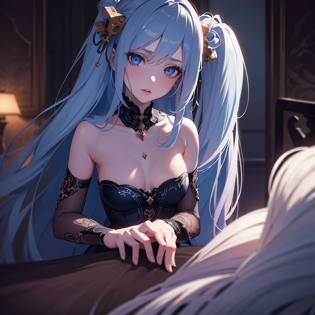 a young girl anime
with long white hair with blue tips, figure, slightly large chest, yandere personality, heart-shaped eyes holding a knife, in a dark basement, (best quality,8k,highres,masterpiece:1.2),ultra-detailed,(realistic,photorealistic,photo-realistic:1.37),extremely detailed eyes and face,longeyelashes,beautiful detailed eyes,beautiful detailed lips,intricate details,cinematic lighting,moody atmosphere,dark shadows,dramatic chiaroscuro,vibrant colors,deep blue accents,sharp focus