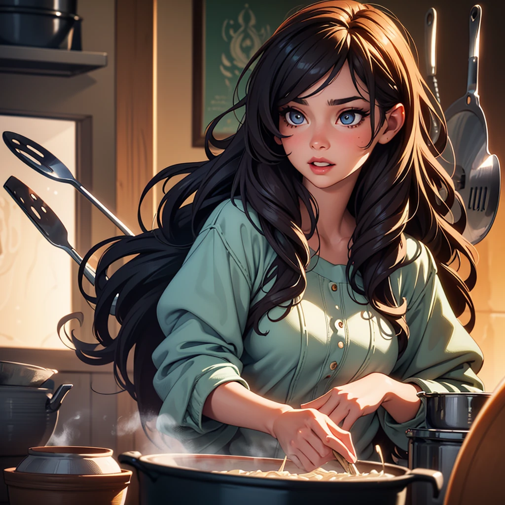 detailed portrait of a human with a surprised expression, beautiful detailed eyes, beautiful detailed lips, extremely detailed face, long eyelashes, messy hair, steam rising from a pot, cooking utensils in the background, warm lighting, vibrant colors, photorealistic, 8k, high resolution, masterpiece