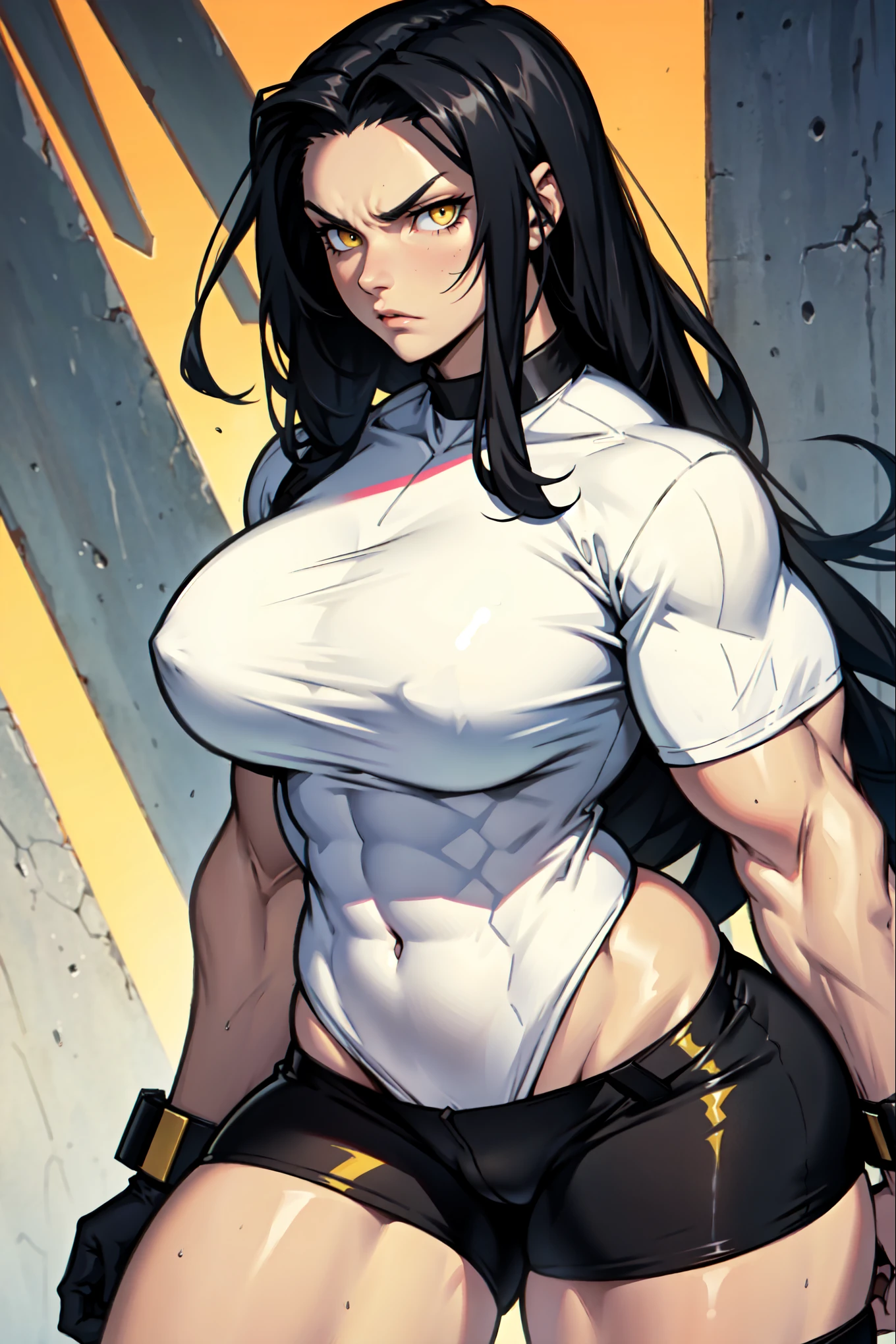 pale skin very long hair 1 girl black hair yellow eyes angry ((1 girl muscular toned body)) bodybuilder curvy wide hips thick thighs tight shirt huge 