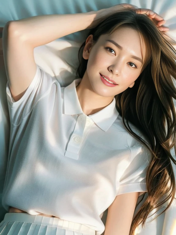 (Masterpiece, Best quality: 1.4), (Ultra realistic, Photo-realistic: 1.2), (From above: 1.2), Full body, Lying on bed, Looking at viewer, Natural light, 30 years old actress, Japanese women, (arms up: 1.2), Neat and clean, ((Wearing white tennis uniform, White polo shirt with collar, Not buttoning the polo shirt, White pleated tennis skirt: 1.2)), (Short wavy hair), ponytail, Light brown hair color, (Beautiful Face), Oval face, clear, (Beautiful eyes, Kind eyes), (Clear skin), Small face, (Small mouth, Beautiful mouth), Natural makeup, Approachable, Hotel Suite rooms, On bed, Seductive smile, Seductive pose, Beautiful thighs, Bedroom eyes, spread legs,