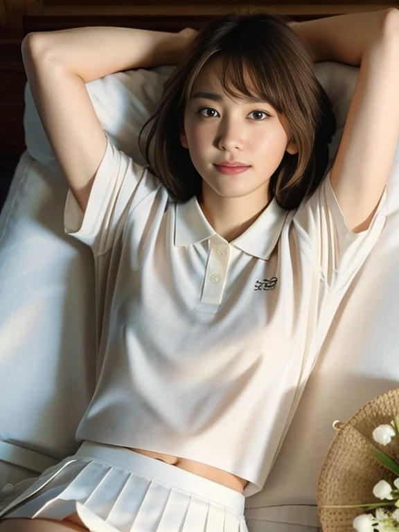 (Masterpiece, Best quality: 1.4), (Ultra realistic, Photo-realistic: 1.2), (From above: 1.2), Full body, Lying on bed, Looking at viewer, Natural light, 30 years old actress, Japanese women, (arms up: 1.2), Neat and clean, ((Wearing white tennis uniform, White polo shirt with collar, Not buttoning the polo shirt, White pleated tennis skirt: 1.2)), (Short wavy hair), ponytail, Light brown hair color, (Beautiful Face), Oval face, clear, (Beautiful eyes, Kind eyes), (Clear skin), Small face, (Small mouth, Beautiful mouth), Natural makeup, Approachable, Hotel Suite rooms, On bed, Seductive smile, Seductive pose, Beautiful thighs, Bedroom eyes, spread legs,