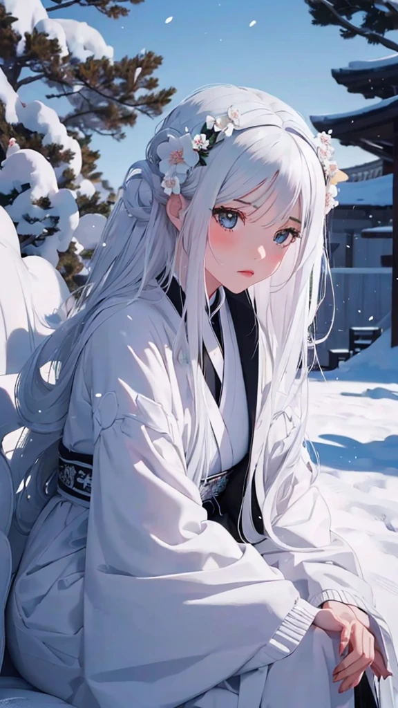 1girl,long hair,face to the view,close up,looking at viewer,snow hanfu,long dress,clothes flowing,zen atmosphere,white background,sitting,silver long hair,white air ornament,white hair bun,white flower,white tree,outdoors,snow,single hair bun,wide sleeves,bare tree,watermark,holding,holding flower,long sleeves,robe,hair pulled back,day,novel illustration, high quality,8K, 