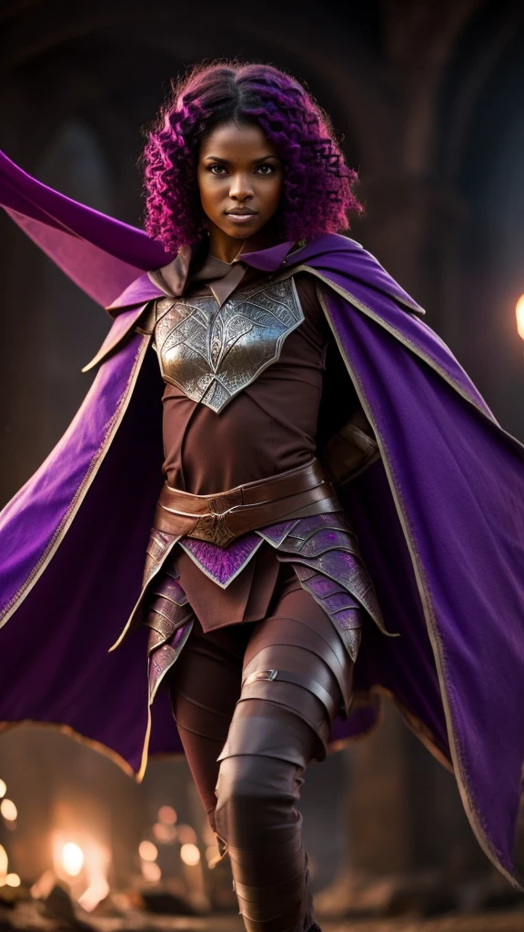 Thin and short elf woman with brown skin, short purple hair, red light armor and cape, purple eyes, daggers on her fists, ready to fight