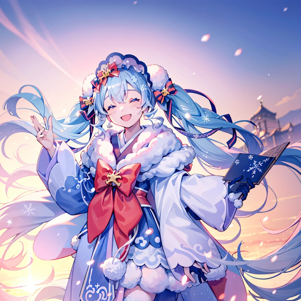 yukimiku2023, smiling, closed eyes, smiling_eyes, winter, floating, town square background, snowy, close up of face, beautiful lighting, depth of field, 8k wallpaper, sunset, holding a lantern
