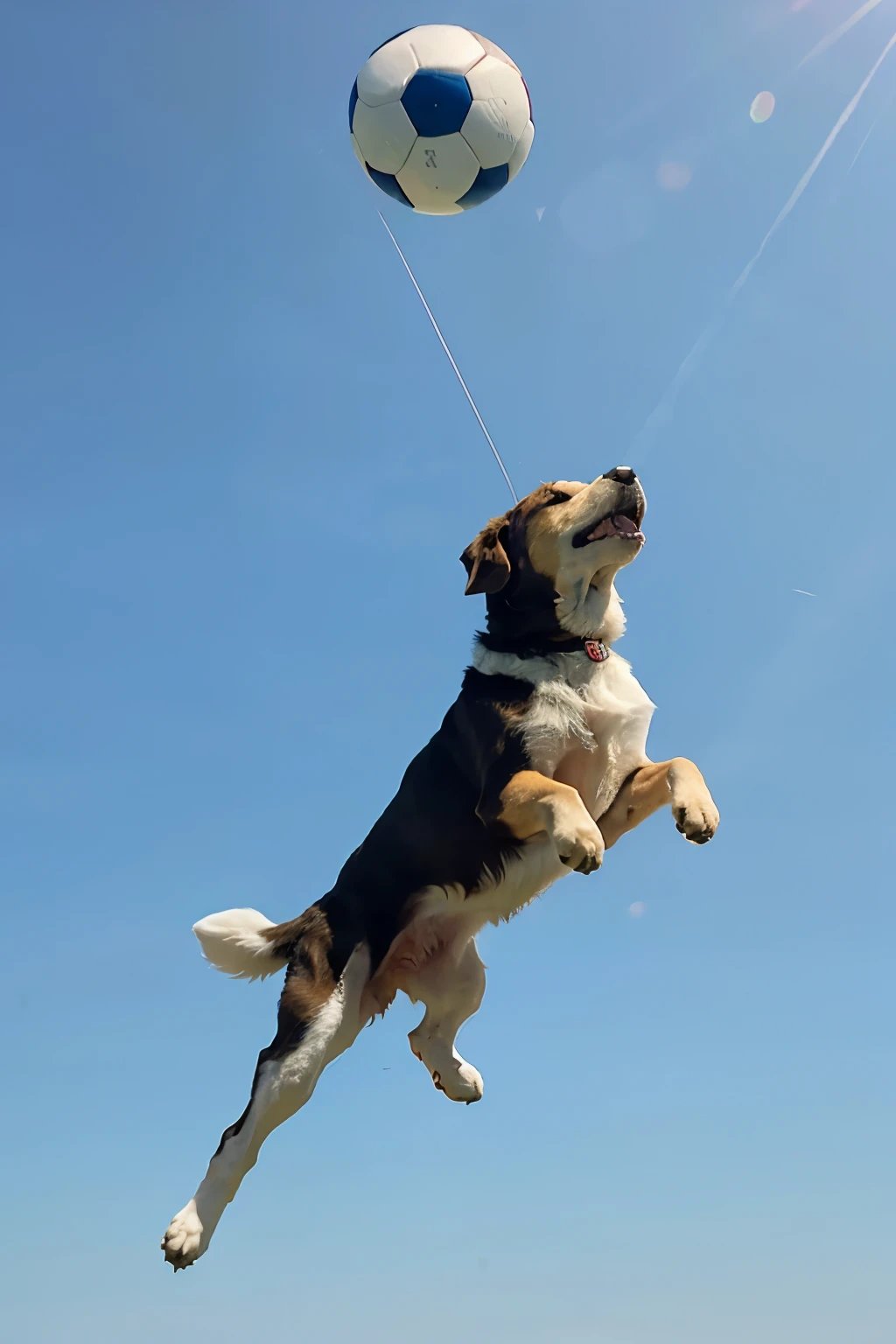 A DOG KICKING A FOOTBALL IN THE AIR BLUE SKY