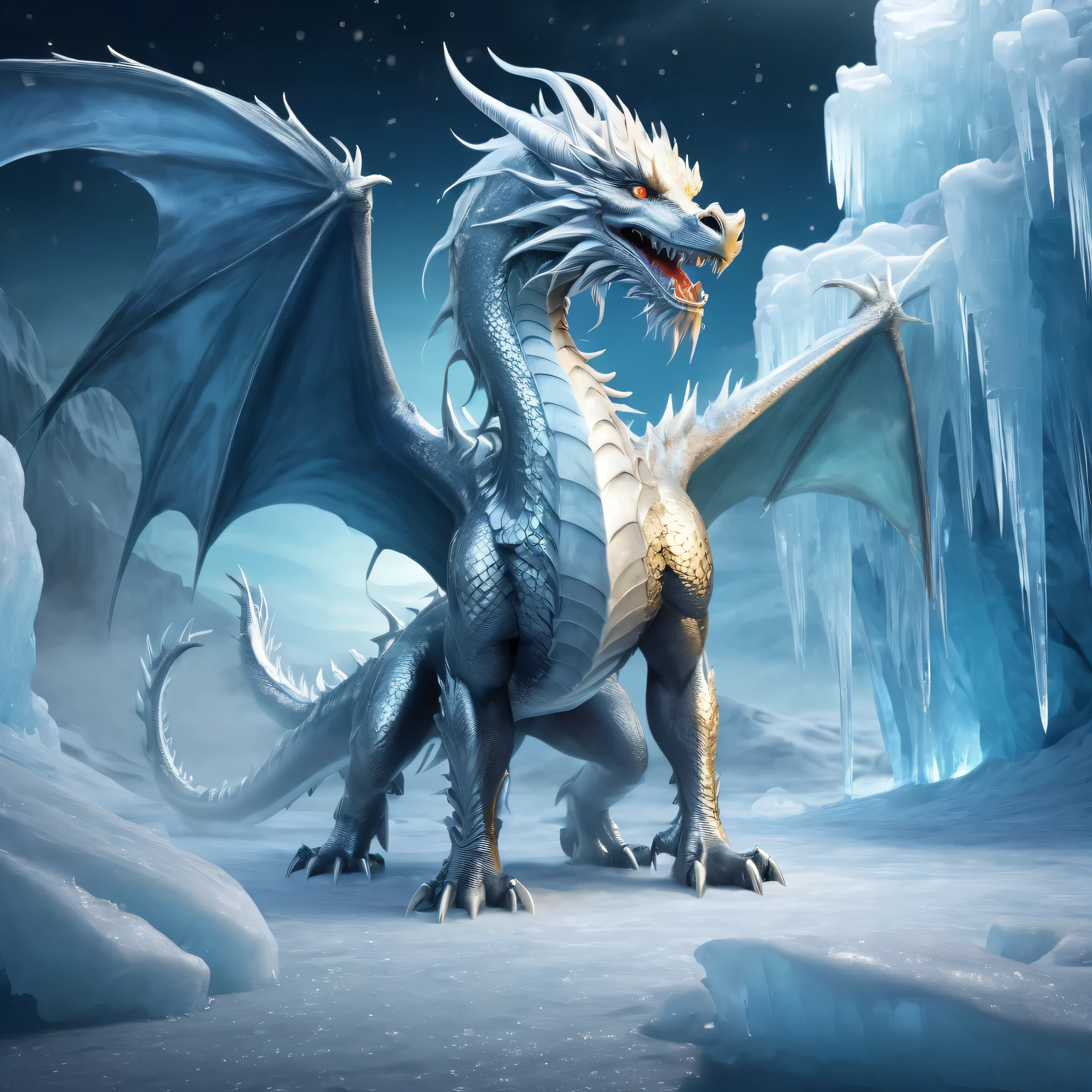 extreme long shot, BREAK, A silver dragon with (2 wings) in an ice cave, ((((ice pillars in the foreground, dragon partially hidden by ice)))), BREAK, (((((((many large piles of (golden sand:golden coins:0.5),))))))) , BREAK, mystical creature, realistic, ultra detailed, masterpiece, dynamic pose, moonlit through the ice, (luminous mist on the ground)