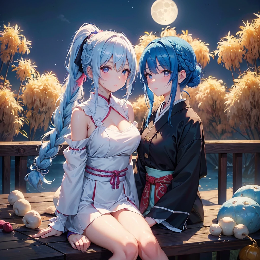 Sky blue hair, (Braided Ponytail:1.2), Pink eyes,Fair skin ,(whole body),(One Girl),Tsukimi,(White sweet dumplings ),White round dumplings,Japanese pampas grass,(beautiful, Full moon shining in the night sky),(masterpiece, Highest quality, Very detailed, Best Shadow), (Detailed Background), (Beautifully detailed face), High Contrast, (Best lighting, Very delicate and beautiful), ((Cinematic Light)), colorful, Hyper Detail,8k, Dramatic Light, Intricate details,Sit and eat dumplings while watching the moon,mysterious