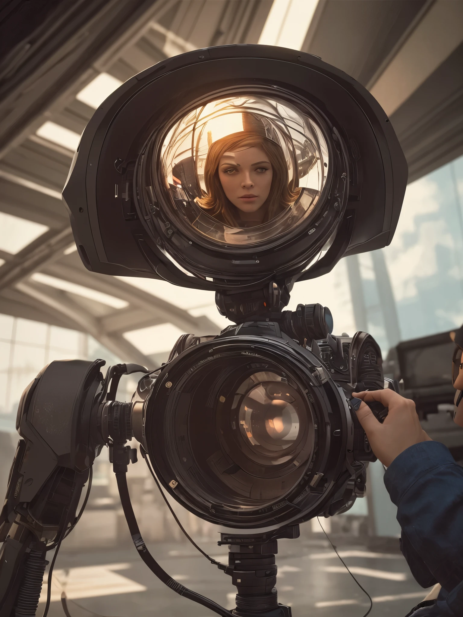 ((best quality)), ((masterpiece)), ((realistic)), Colour film 35mm 1976, pulp sci fi, directed by fred m wilcox, shot on mitchell bnc camera blonde woman in makeup, on a chair with glass dome over her head, analogue photograph, by stanley kubrick, wide shot, solo, daylight, on eye level, scenic, masterpiece :0.5 AND Hyperrealistic cyberpunk robot. highly detailed digital art masterpiece, smooth cam de soft light, ground angle hd 8 k, sharp focus :0.5