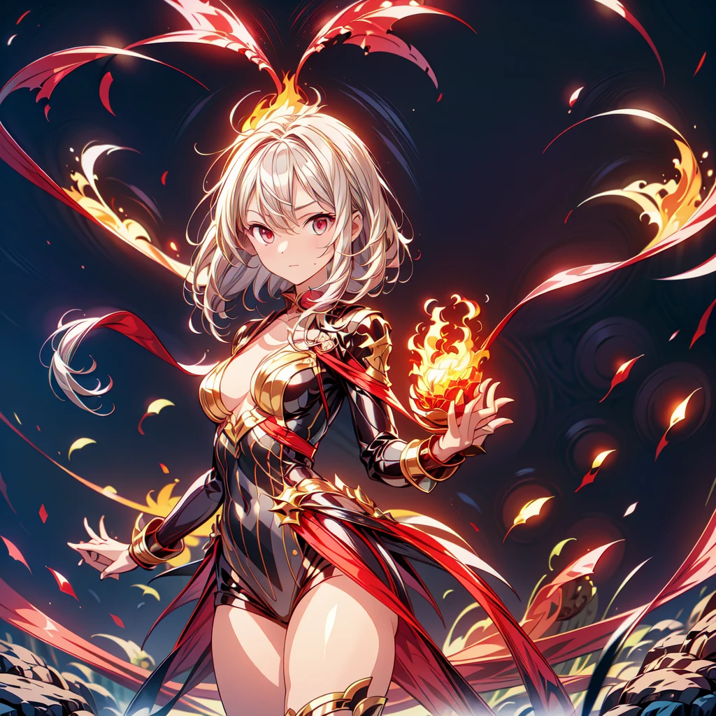 1girl,(((Highest quality、Masterpiece、Official Art、Super detailed、The best dynamic composition、Perfect Anatomy)))、Anime Style、Incarnation of Fire、Girl on Fire、He is accompanied by a fire dragon.、Fractal art of flames、Award-winning works、Holding a fireball in his hand、Serious face、Combat Ready、Cool pose、blow up from below🔥、Gray Hair、