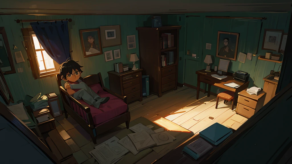 melancholy; Javier thoughtful in his room; dark room; Medium shot
