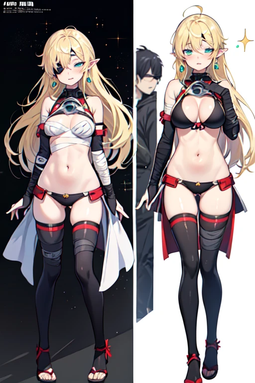 1 girl, medium breast, long hair, blonde hair, ((full body)), hugin breast, breast apart, standing, medieval crusader outfith, blonde hair, very long hair, hair between eyes, hime cut, ((bandage over stomach)), ((eyepatch)), star simbol eyepatch, ((scar across same eye)), elbow pads, goggles on head, ((star-shaped pupils)), wince, aqua eyes, glowing eyes, eyebrows behind hair, pupils sparkling, pointy ears, hoop earrings, makeup, shy, embarrassed, blush, nervous, longeyelashes, figthter stance, sexually suggestive, Canon, anime, anime style, masterpiece, accurate, anatomically correct, super detail, textured skin, high quality, 8k, highres, award winning