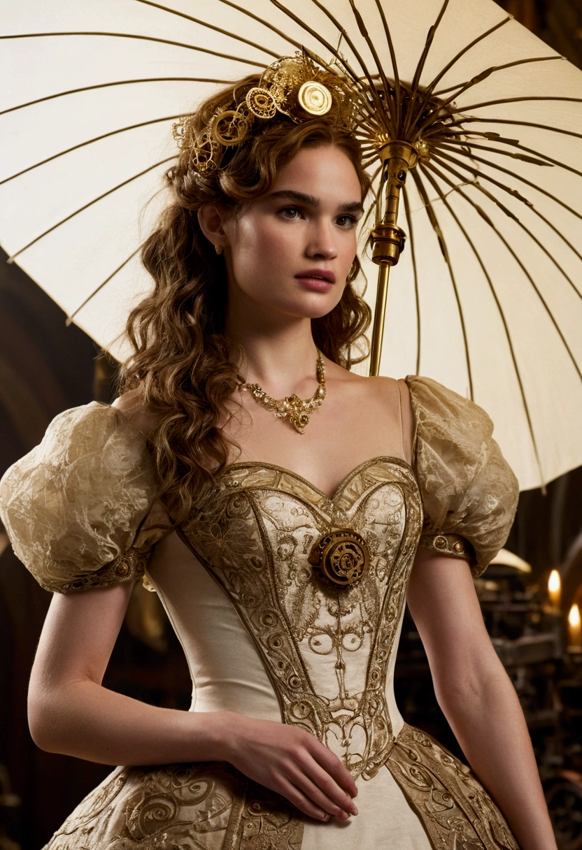 Cinematic Photo of Lily James as an Enchanted Clockwork Princess:The scene is set in a fantastical mechanical wonderland, where the landscape is a mesmerizing blend of intricate gears, brass machinery, and whimsical clockwork elements. The environment is bathed in a warm, golden light that reflects off the polished surfaces and creates a soft, magical glow.Lily James stands as the focal point of this enchanting world, embodying the elegance and charm of an enchanted clockwork princess. Her gown is an elaborate masterpiece of clockwork design, featuring layers of delicate fabric interwoven with intricate gears and brass accents. The gown flows gracefully, with rotating cogs and delicate clockwork mechanisms embedded throughout, giving it a sense of movement and life.The bodice of her gown is adorned with fine brass detailing and intricate patterns, while the skirt features layers of shimmering fabric that catch the light and add a touch of ethereal beauty. The clockwork elements are both functional and decorative, with small gears and cogs turning gently, creating a mesmerizing, dynamic effect.On her head, Lily wears a mechanical crown that is both elegant and whimsical. The crown is adorned with moving parts and intricate brasswork, shifting and changing as if guided by its own internal mechanisms. It adds a regal touch to her appearance, enhancing her royal presence. In one hand, Lily holds a delicate clockwork parasol. The parasol is a marvel of design, with intricate gears and brass detailing that complement her gown. It glows softly with a warm light, adding an extra layer of enchantment to her overall look. Her makeup and hairstyle complete the ethereal effect, with soft, glowing tones and delicate accessories that enhance her princess-like aura. Her hair is styled in elegant curls that complement the mechanical elements of her outfit, adding a touch of glamor to the fantastical setting.The background is a fantastical mechanical wonderland filled with whimsical