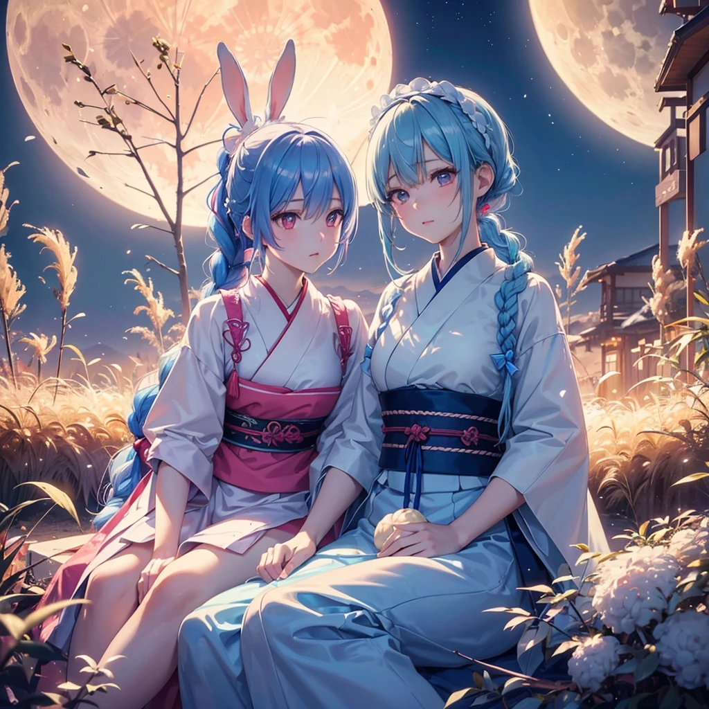 Sky blue hair, (Braided Ponytail:1.2), Pink eyes,Fair skin ,(whole body),(One Girl),Tsukimi,(White sweet dumplings ),White round dumplings,Japanese pampas grass,(beautiful, Full moon shining in the night sky),(masterpiece, Highest quality, Very detailed, Best Shadow), (Detailed Background), (Beautifully detailed face), High Contrast, (Best lighting, Very delicate and beautiful), ((Cinematic Light)), colorful, Hyper Detail,8k, Dramatic Light, Intricate details,Sit and eat dumplings while watching the moon,(Shadow of a rabbit on the moon),mysterious