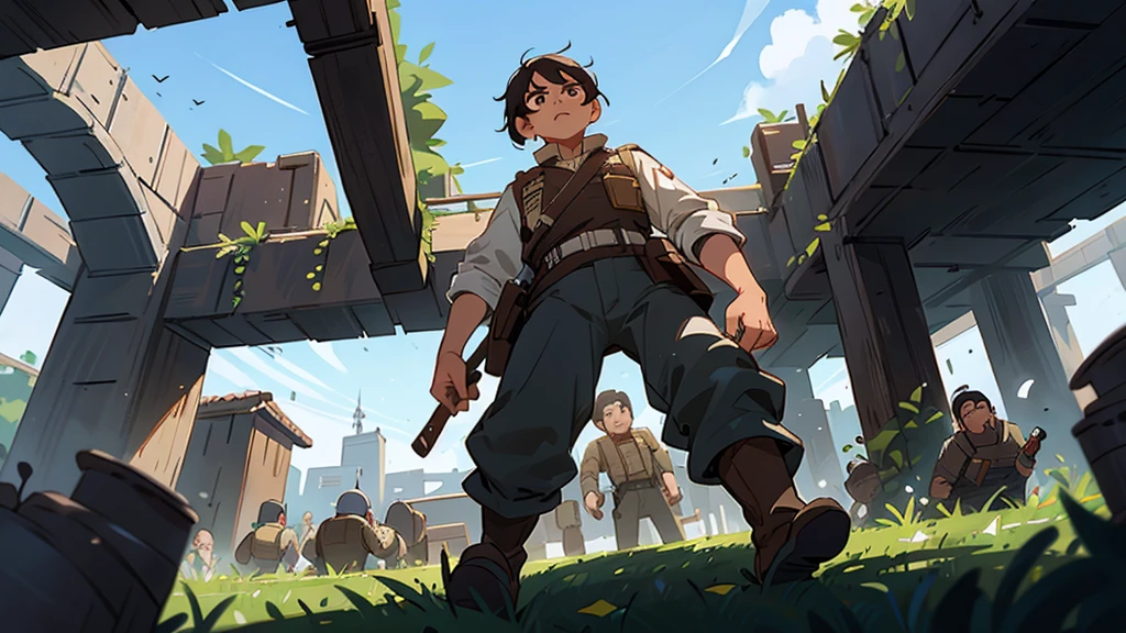 inspiring; Javier leading his men; battlefield; view from below
