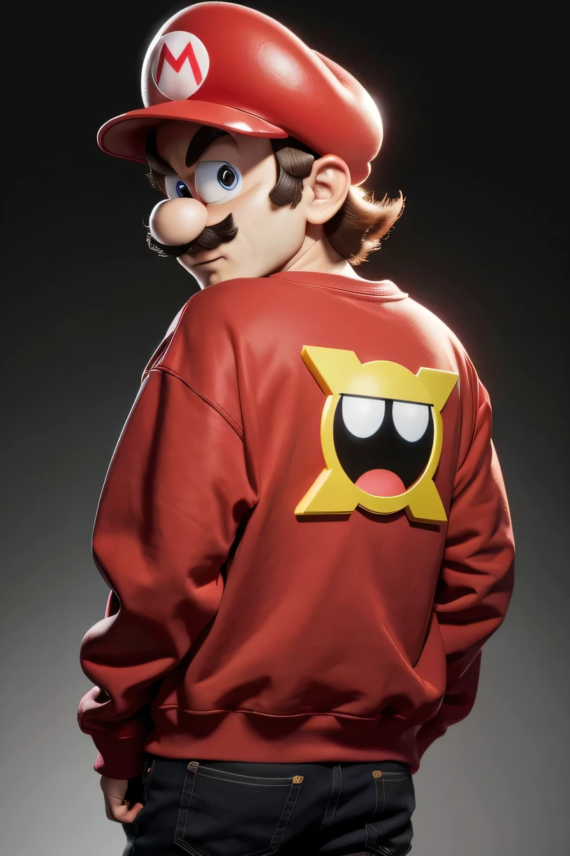Red-eyed Mario Bross wearing a sweatshirt looking back