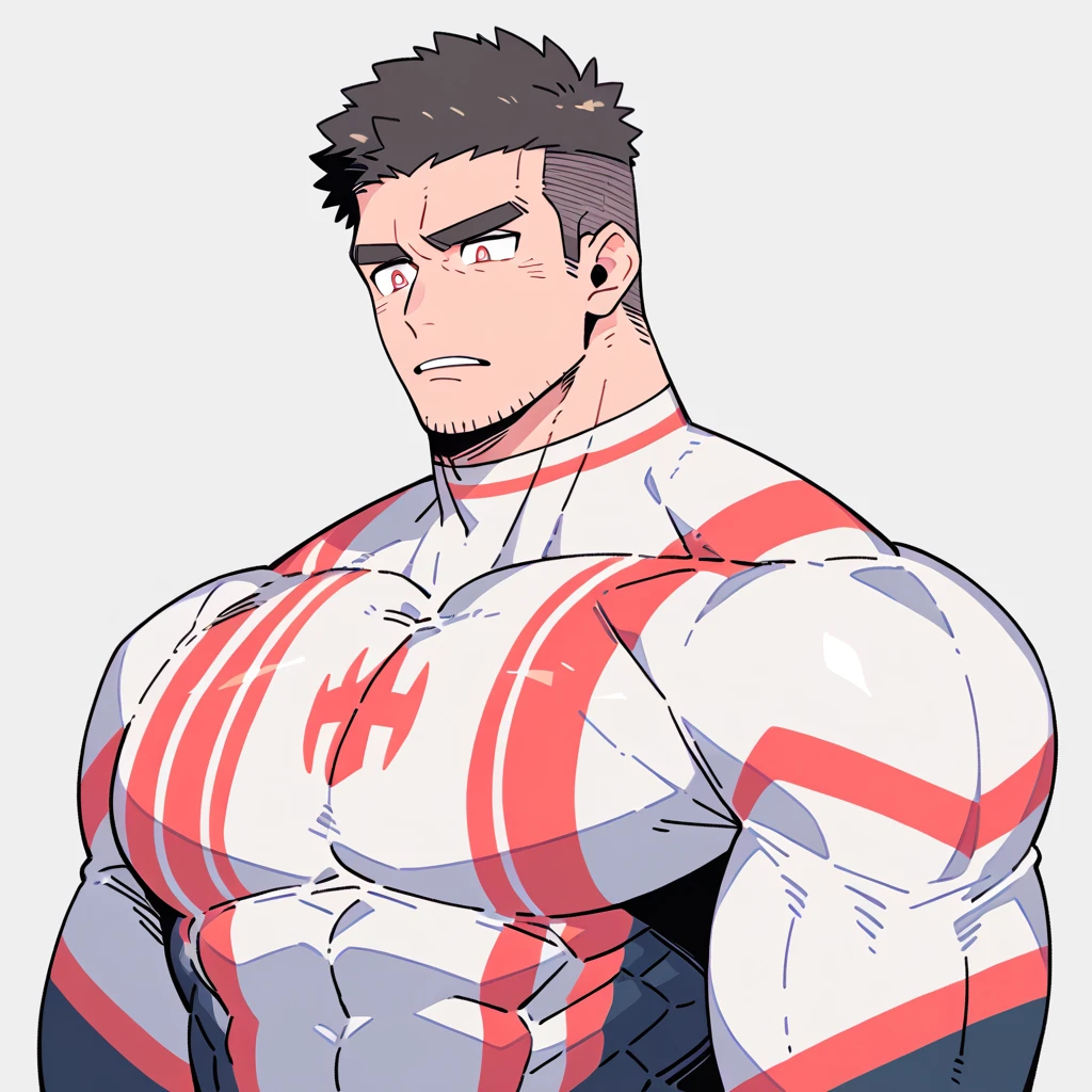 anime characters：Spider-Man, Muscle Sports Student, Manliness, male focus, Wear a tight-fitting wetsuit with a high collar and long sleeves,  Wear a high-necked tights underneath, Very tight, Huge pectoral muscles, muscular male, muscular, only, Upper body, alone, Red short hair, Thick eyebrows, stubble, Brown-red pupils, White background, Solid color background, Clean background, simple background, amazing quality, best aesthetics, Ridiculous, crew cut, bright pupils, embarrassed, frown, parted lips, endured face, negative space, negative space, best quality