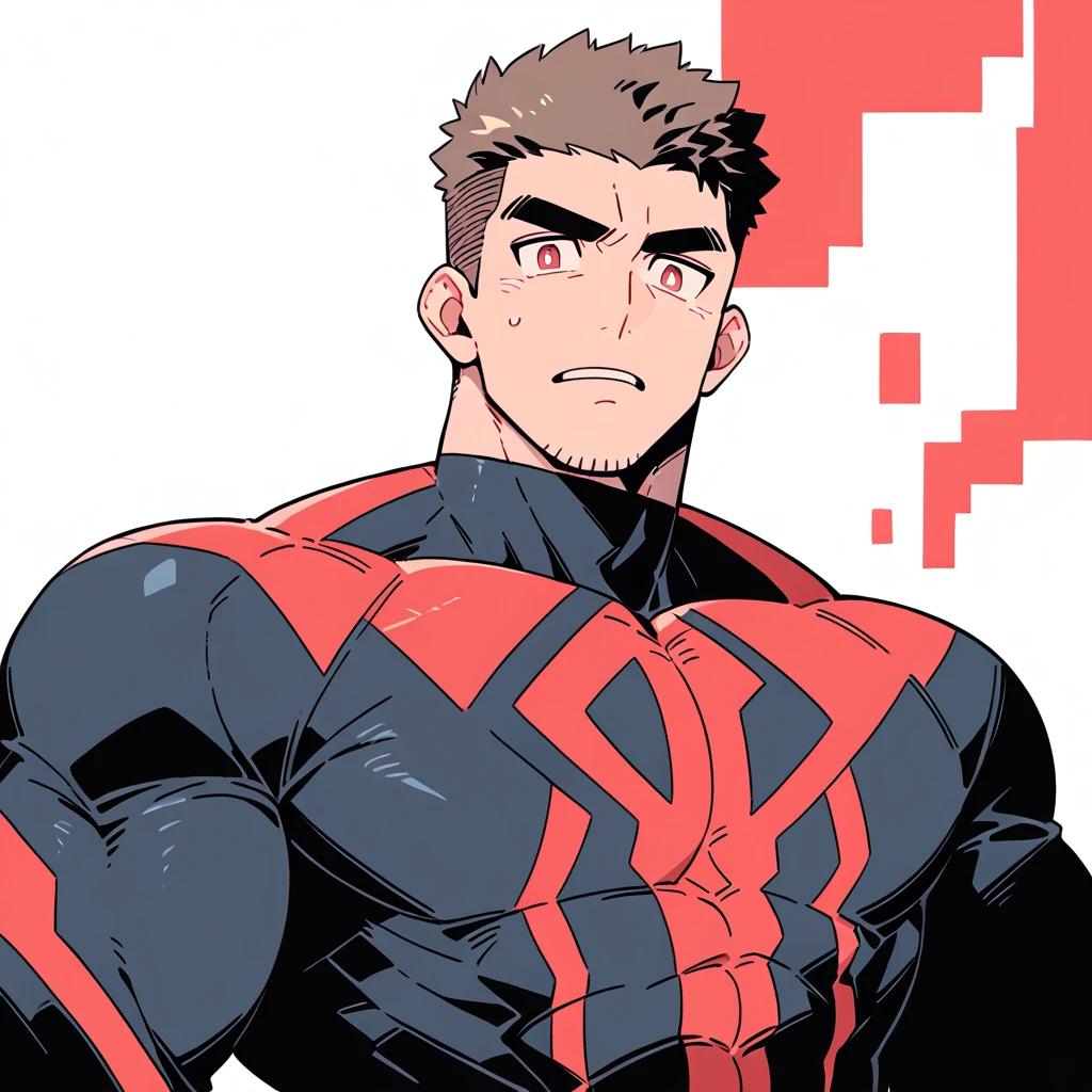 anime characters：Spider-Man, Muscle Sports Student, Manliness, male focus, Wear a tight-fitting wetsuit with a high collar and long sleeves,  Wear a high-necked tights underneath, Very tight, Huge pectoral muscles, muscular male, muscular, only, Upper body, alone, Red short hair, Thick eyebrows, stubble, Brown-red pupils, White background, Solid color background, Clean background, simple background, amazing quality, best aesthetics, Ridiculous, crew cut, bright pupils, embarrassed, frown, parted lips, endured face, negative space, negative space, best quality