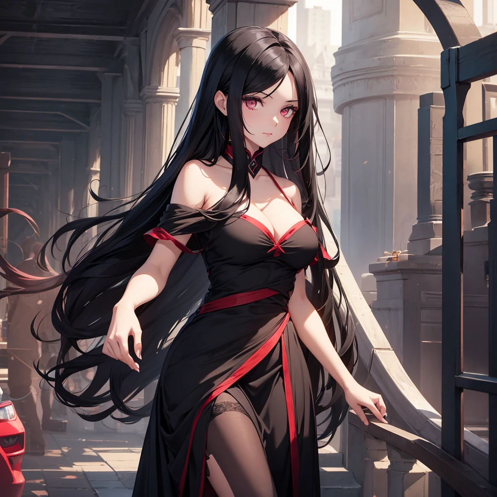 A beautiful girl, she is 21 , she has long black hair, crimson eyes, she is wearing a sleevelss dress that shows off her breasts 