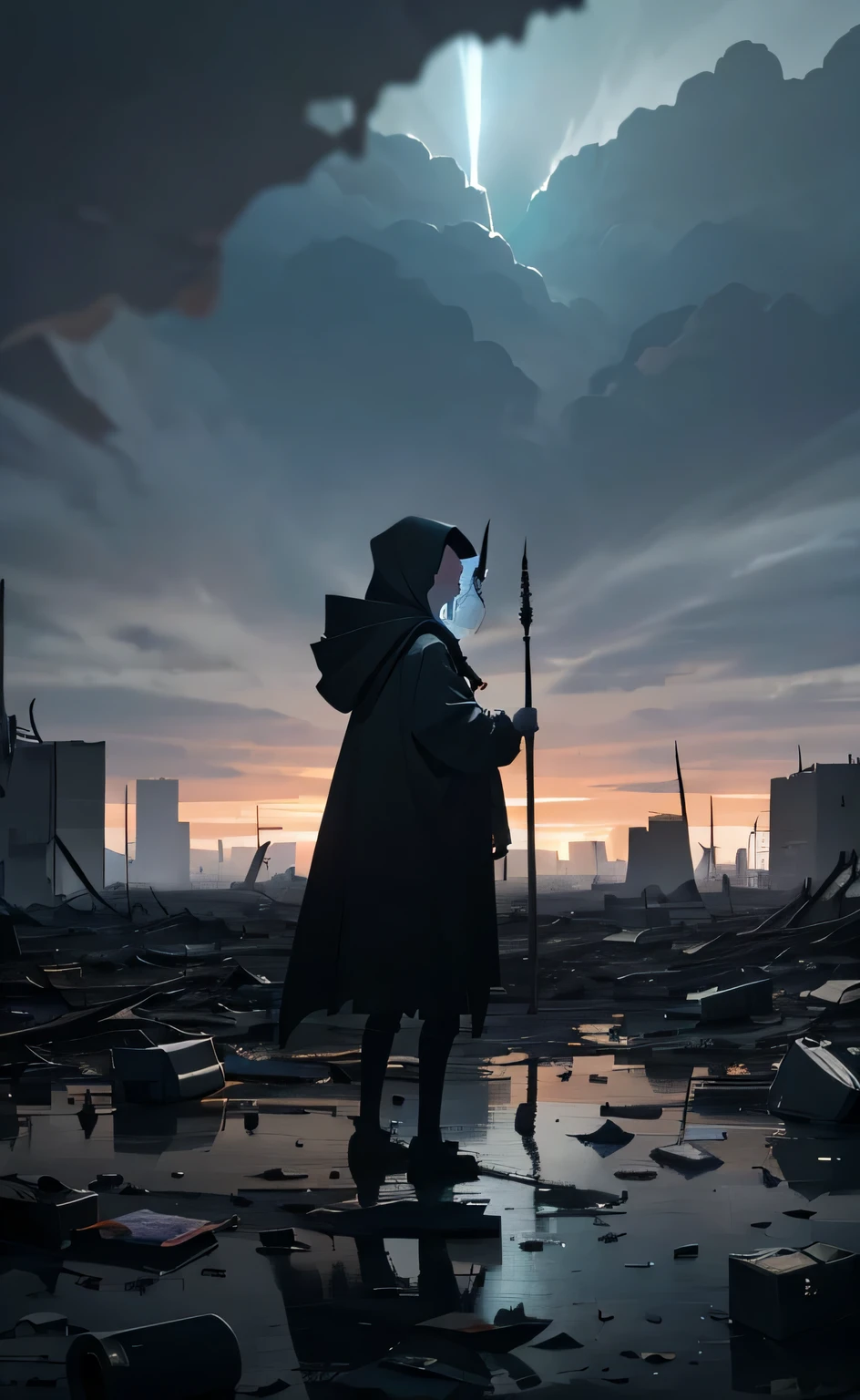 A little magical figure, a hooded wizard, floating above a devastated landscape. The ground is covered in trash and rubble, with building debris in the background. The sky is cloudy and dark, Reflecting the desolation below. The Magus, with an expression of sadness, carefully observe the destruction, holding a glowing staff that emits a faint bluish light. Plastic pieces, bottles, and other waste are scattered everywhere. over the horizon, silhouettes of dead trees and polluted rivers can be seen.