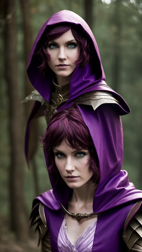 A slender and short purple-haired elf woman wearing a light red leather armor and a hood, with purple eyes and daggers in her hands, ready for battle