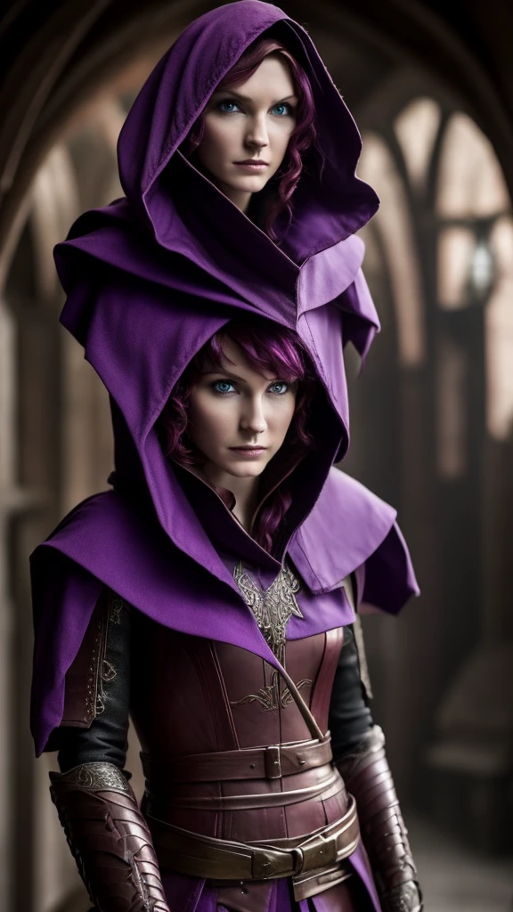 A slender and short purple-haired elf woman wearing a light red leather armor and a hood, with purple eyes and daggers in her hands, ready for battle